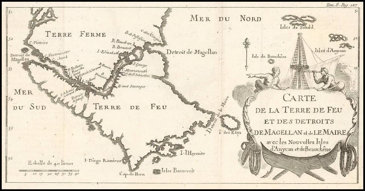 Carte de la Terre de Feu et des Detroits de Magellan et de Le Maire avec les Nouvelles Isles d'Anycan et de Beauchene