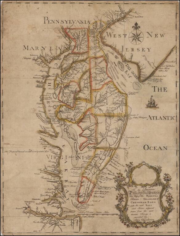 To the American Philosophical Society this Map of the Peninsula between Delaware & Chesopeak Bays with the said Bays and Shores adjacent drawn from the most Accurate Surveys is inscribed by John Churchman