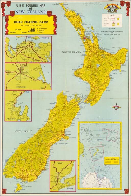 U B D Touring Map of New Zealand With the Compliments of Ohau Channel Camp . . .
