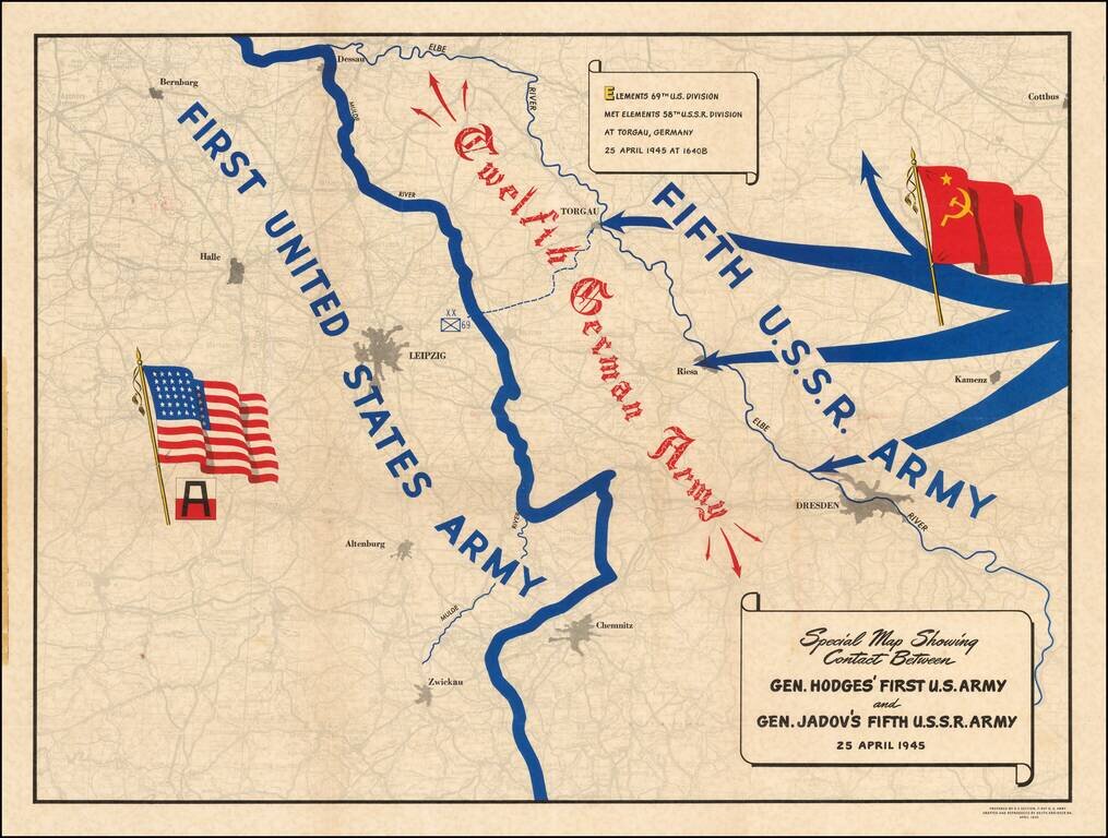 (Second World War - Elbe Day) Special Map Showing Contact Between Gen. Hodges' First U.S. Army and Gen. Jadov's Firth U.S.S.R. Army 25 April 1945