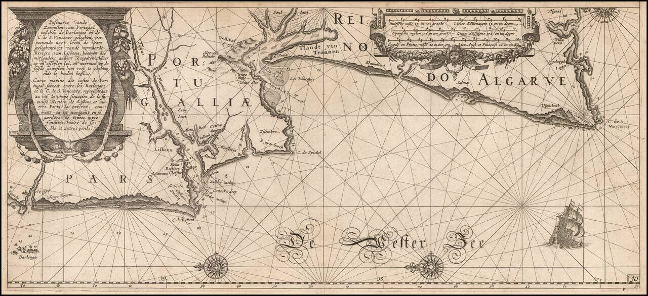 [Portugal]  Pascaarte vande Zeecusten van Portugal tusschen de Barlenges en de C. de S. Vincente geleghen, vertoonende nae't leven de ware geleghentheijt vande vermaerde Riviere van Lisbona . . .