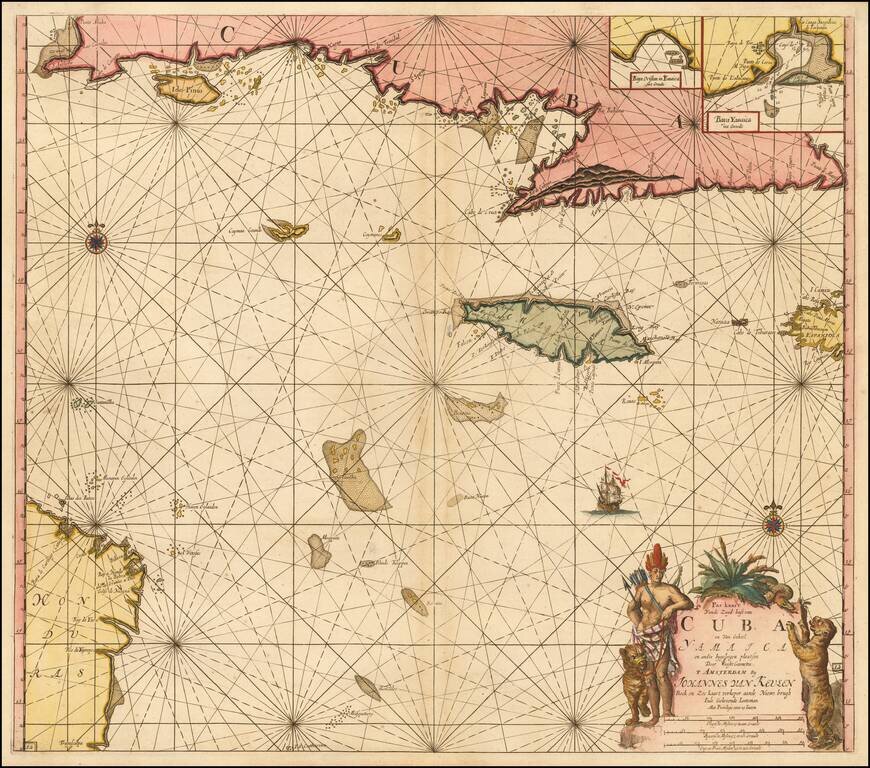 Pas kaart Vande Zuyd kust van Cuba en Van Geheel Yamaica en andre bygeleegen plaatsen Door Vooght Geometra . . .  [includes Cayman Islands]