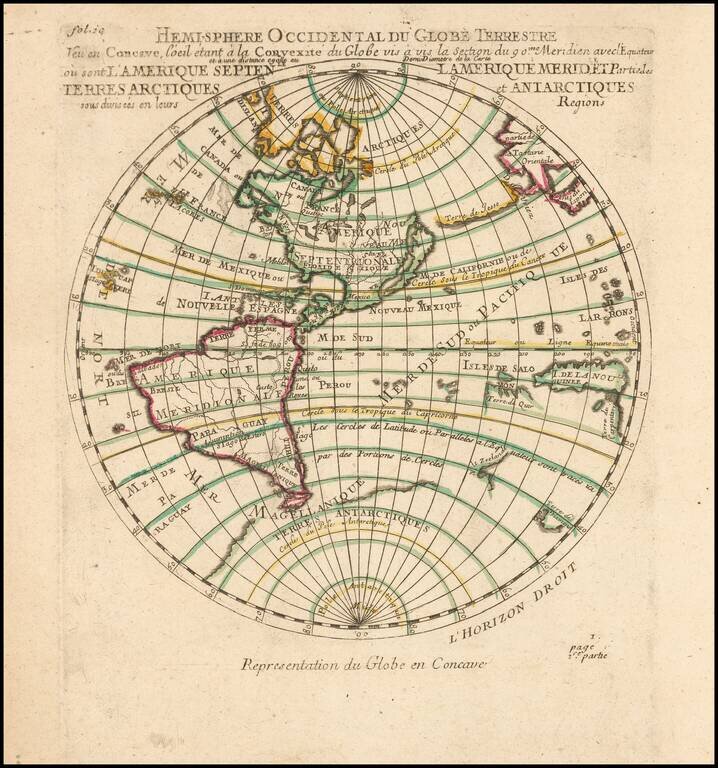 Hemi-sphere Occidental Du Globe Terrestre J'eu en Concave, l'oeil etant a la Convexite du Globe vis a vis la Section du 90me. Meridien avec  l'Equateur et a une distance egalle au Demi Diametre de la Carte . . . 1704