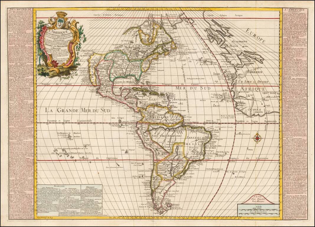 L'Amerique Septentrionale et Meridionale Divisee selon les differentes Possessions Le tout assujettie aux Observations Astronomique Avec des Nottes Historiques et Geographique sur les Naturels de ce Nouveau Continent Extrait de la Martiniere et autres Aut