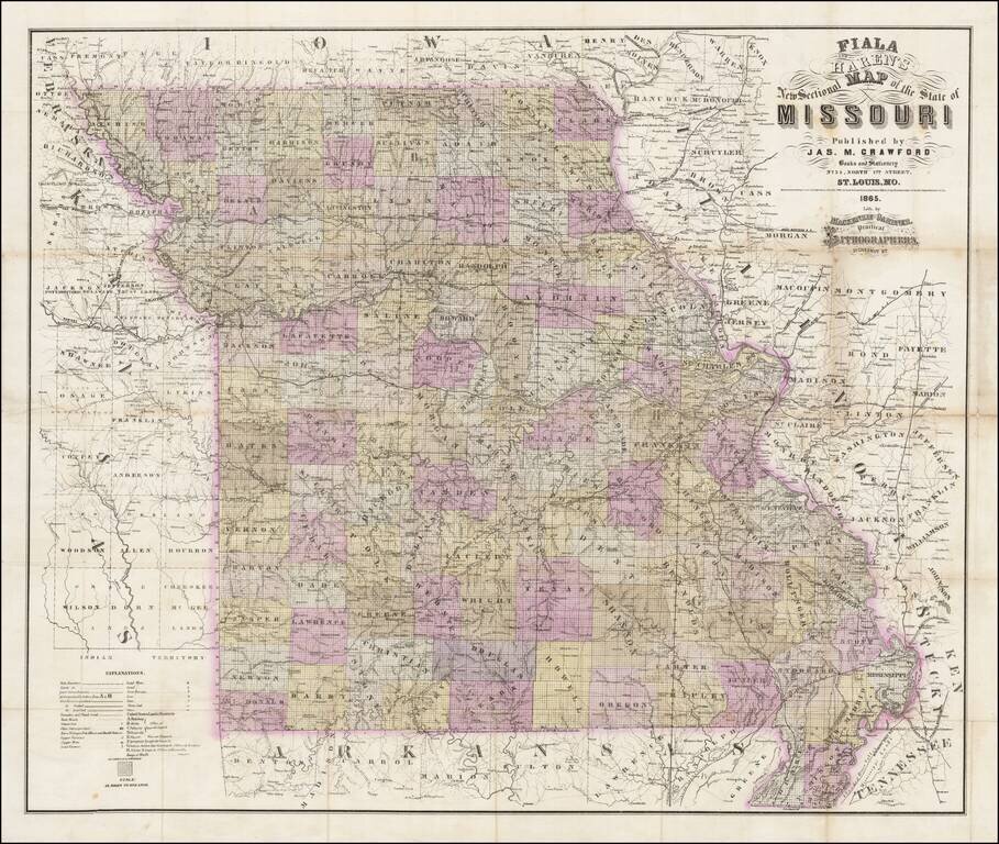 Fiala and Haren's New Sectional Map of the State of Missouri.  Published by Jas. M. Crawford . . . St. Louis, Mo. . . . 1865.