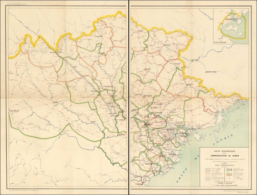 (Vietnam Post and Telegraph Map)  Carte Schematique des Communications du Tonkin Routes Chemins, Chemins de fer et tramways, communications fluviales, Postes et telegraphes divisions administratives . . .