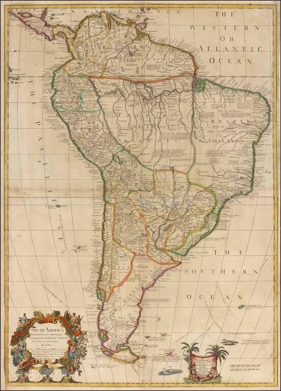 South America  Corrected from the Observations Communicated to the Royal Society's of London and  Paris.  By C. Price.  Sold by T. Brandreth & G. Willdey at ye Archimedes & Globe in Ludgate . . .