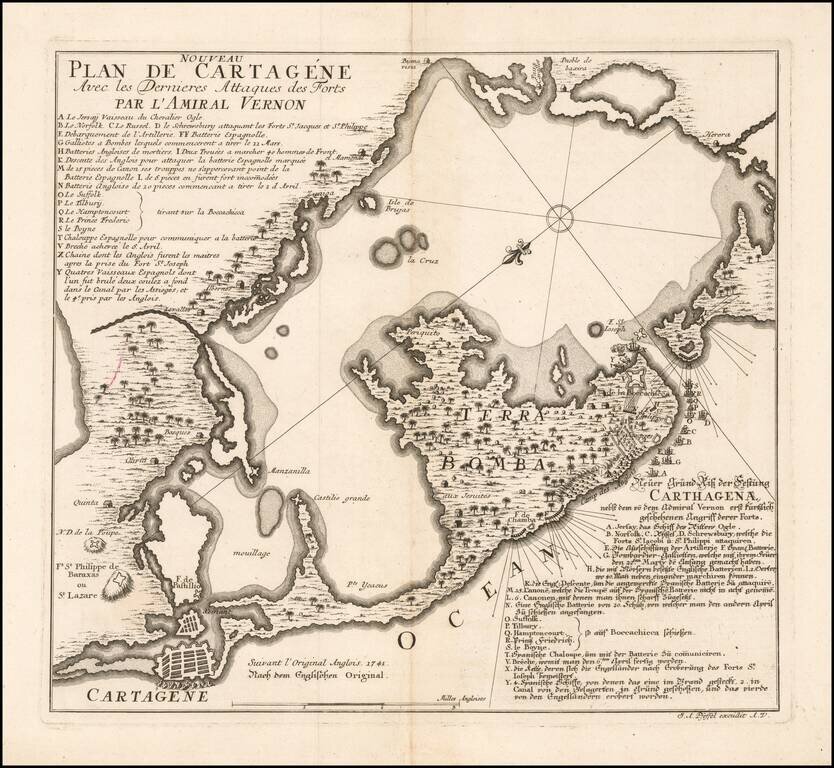 Nouveau Plan de Cartagene Avec les Dernieres Attaques des Forts Par L'Amiral Vernon . . . Suivant l'original Anglois  1741