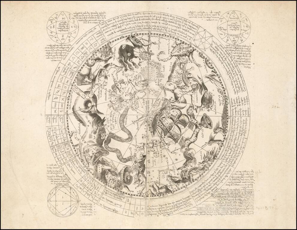 [Celestial Chart of Southern Hemisphere with Horoscope and Astrological Information, Printed in Mirror Image]