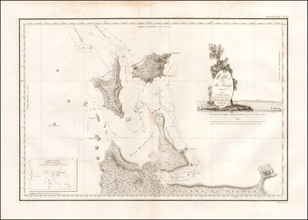 [Hunter Island / Tasmania]  Carte des Iles Hunter dressee Par L. Freycinet, Commandant la Goelette le Casuarina, d'apres ses observations et celles de Mr. Boullanger Ingenieur Hydrographe -- December 1802. (Rare separately published example)
