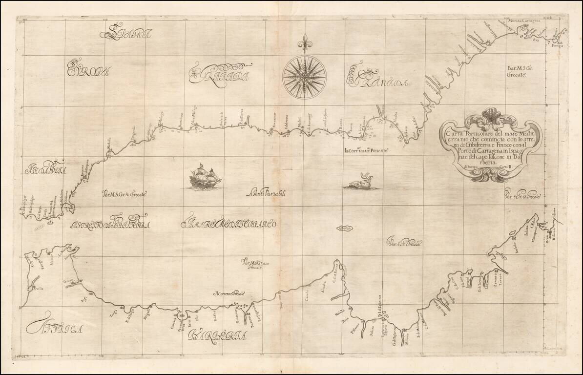 [Western Mediterranean]  Carta Particolare del Mare Mediterranio che Comincia con lo Stretto di Gibilterra e Finisce con il Porto di Cartagena in Ispagna e del Capo Falcone in Barberia