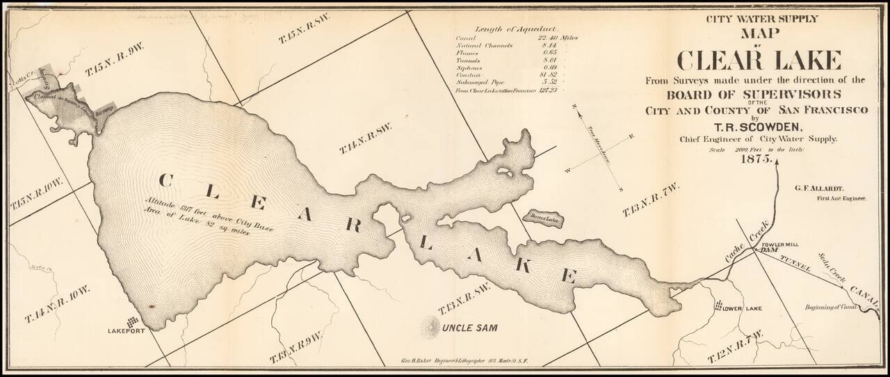 City Water Supply Map of Clear Lake From Surveys made under the direction of the Board of Supervisors of the City of San Francisco by T. R. Scowden, Chief Engineer of City Water Supply . . . 1875