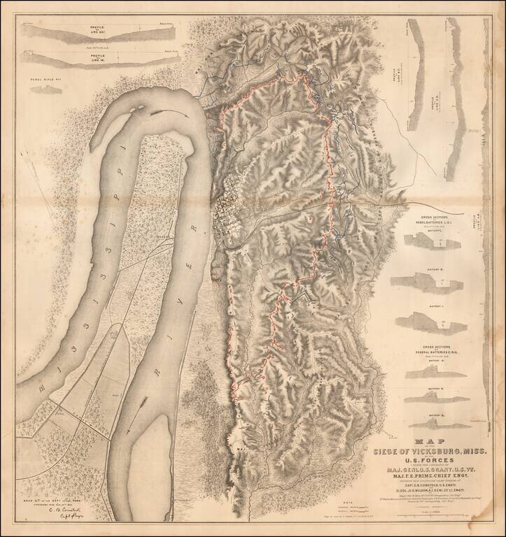Map of the Siege of Vicksburg, Miss.  By the U.S. Forces Under the Command of Genl. U.S. Grant, U.S. Vls. Maj. F.E. Prime, Chief Engr.  Surveyed and constructed under the direction of Capt. C.B. Comstock, U.S. Engr.s and Lt. Col. Js. H. Wilson . . . Drawn