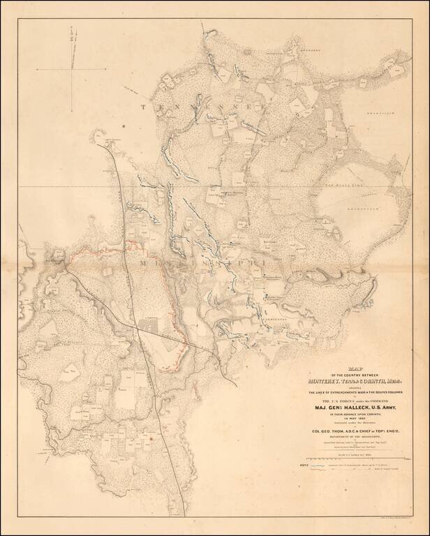 Map of the Country between Monterey, Tenn. & Corinth, Miss; showing The Lines of Entrenchments Made & The Routes Followed by the U.S. Forces under the Command of Maj. Genl. Halleck, U.S. Army, in their advance upon Corinth in May 1862 . . .