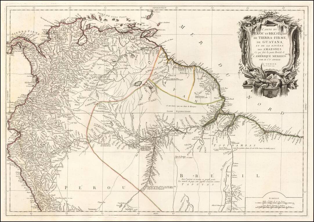 Carte du Perou et Brasil Sepl, de Tierre-Firme, de Guyana, et de la Rivieire des Amazones:  Ce qui fait la partie Boreal de L'Amerique Meridiole.  Par Le Sr. D'Anville . . . 1779