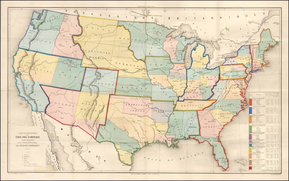 Carte Ecclesiastique Des Etats-Unis D'Amerique Dressee Specialement pour le Bulletin Hebdomadaire Les Missions Catholiques 1877