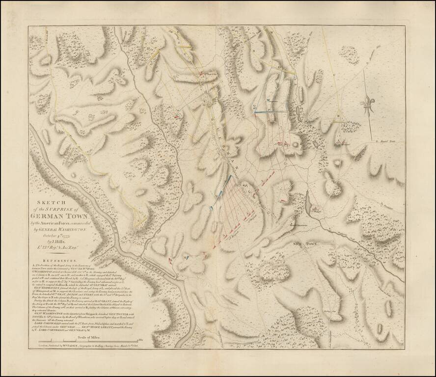 Sketch of the Surprise of German Town.  by the American Forces commanded by General Washington.  October 4th 1777 by J. Hills, Lt. 23d. Regt. & Asst.Engr.
