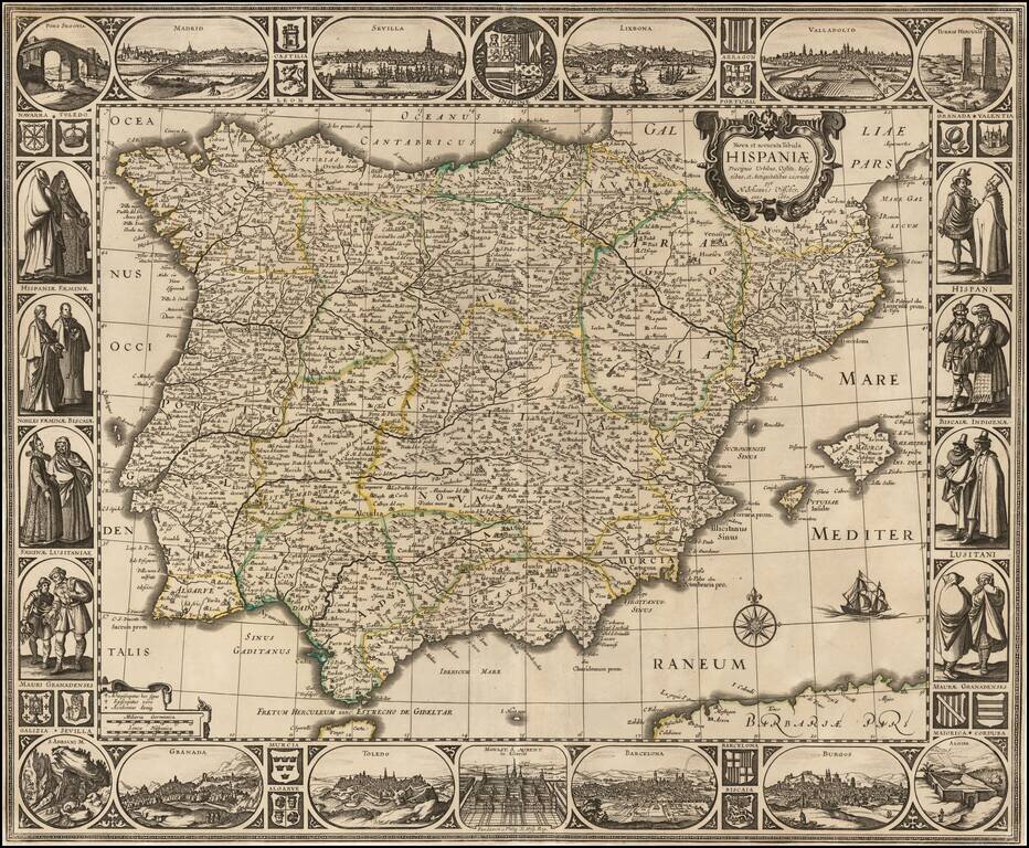 Nova et accurata Tabula Hispaniae Praecipuis Urbibus Vestitu Insignibus et Antiquitatibus. . . 1660