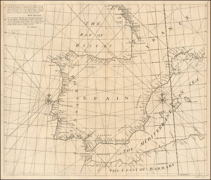 (Iberian Peninula) . A Globular Chart Shewing the Errors of Plain, and the Deficiencyes of Mercators Sailing; and Discovering the true Navigation according to the Globe.  Invented and Performed by John Harris, John Senex & Henry Wilson