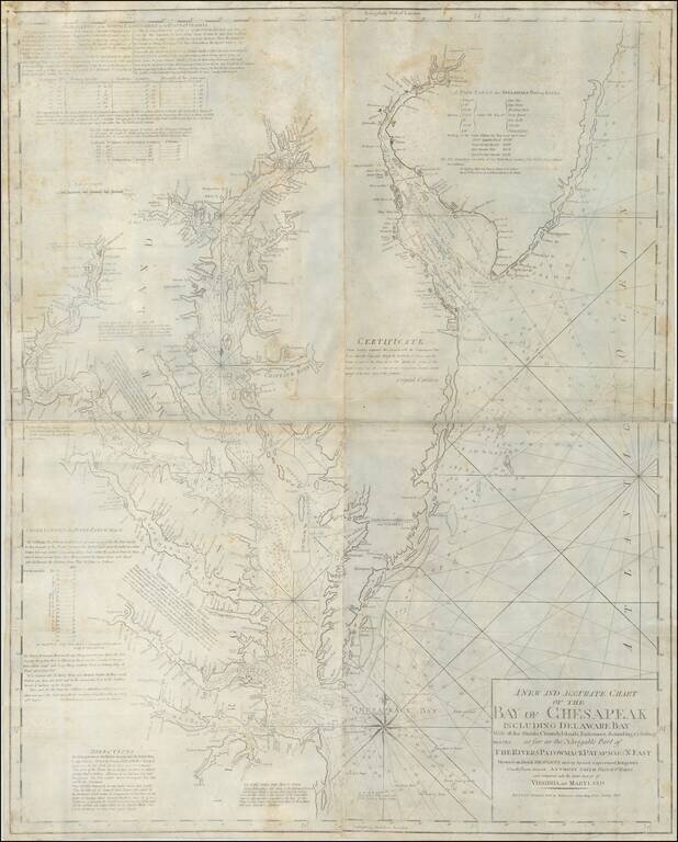 A New and Accurate Chart of the Bay of Chesapeak Including Delaware Bay With all the Shoals, Channels, Islands, Entrances, Soundings, & Sailing marks as far as the Navigable Part of The Rivers Patomack Patapsco & N. East.  . . .