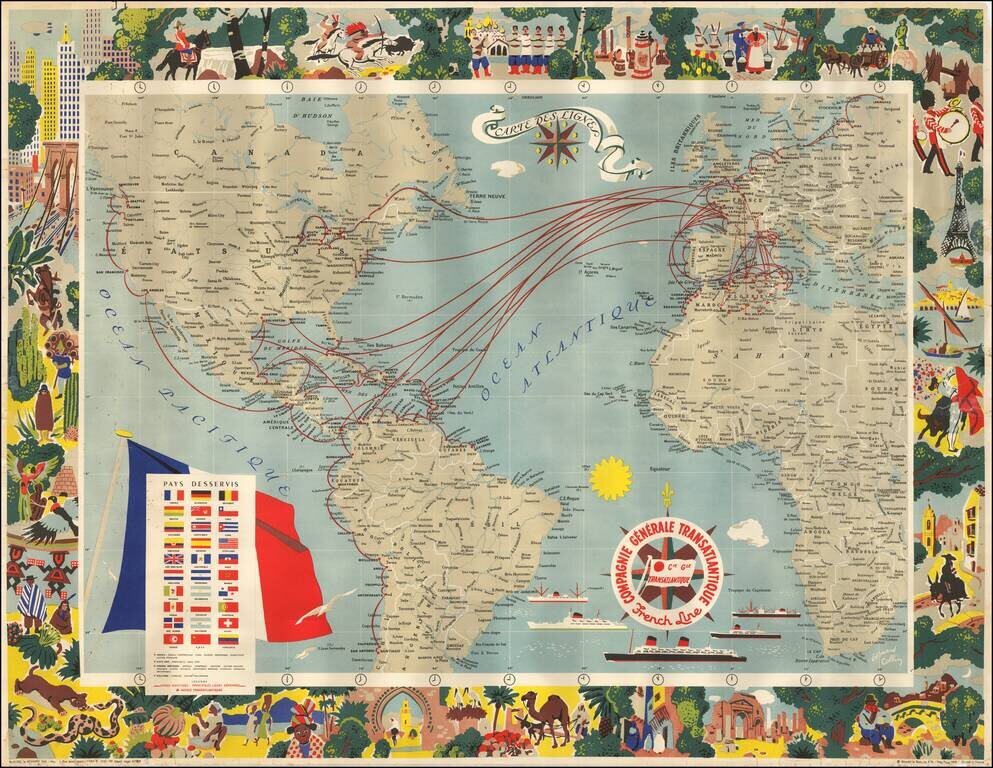 Carte Des Lignes -- Compagnie Generale Transatlantique French Line