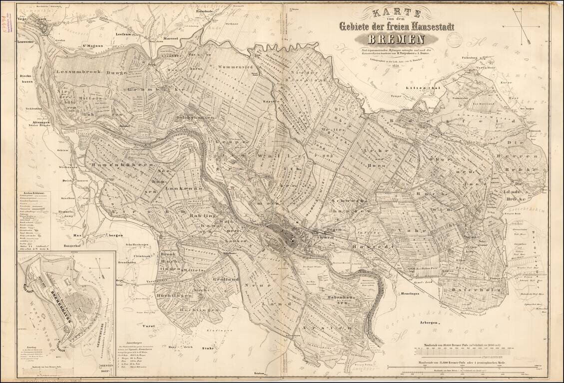 Karte von dem Gebiete der freien Hansestadt  Bremen Nach trigonometrischen Messungen entwrfen und nach den Kataster-Karten bearbeitet von H. Thatjenhorst u. A. Duntze. . . . 1851