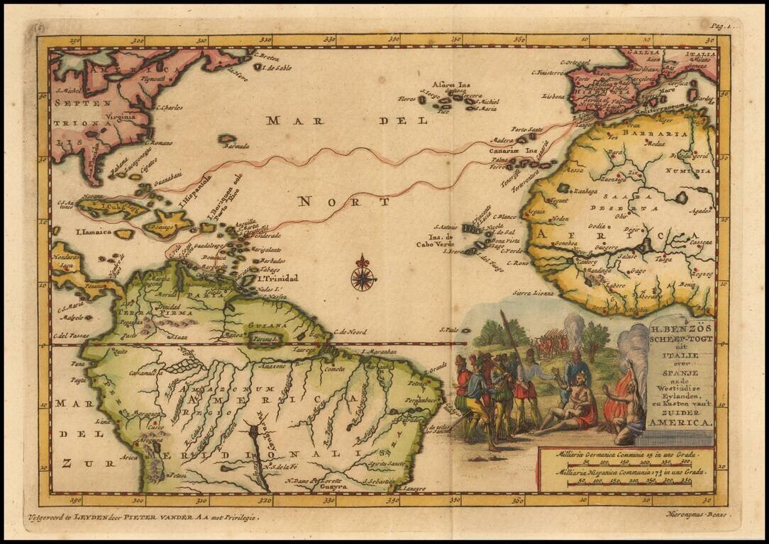 H Benzos Scheep-togt nit Italie over Sanje nade Westindize Eylanden en Kusten vant Zuider America