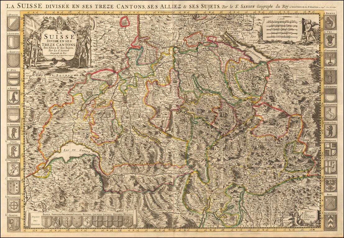 La Suisse Divisee en ses Treze Cantons Ses Alliez & Ses Sujets, Par Le Sr. Sanson Geographie du Roy.