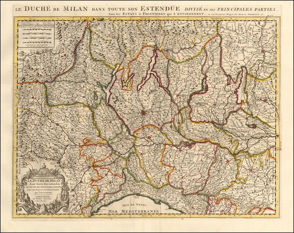Le Duche de Milan dans toute son Estendue Divise en ses Principales Parties.  Avec les Estats et Frontieres qui l'environnent.