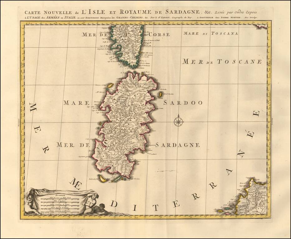 Carte Nouvelle de L'Isle et Royaume de Sardagne. &c. Levee par ordre expres a l'usage des Armees en Italie on sont Exactement Marquees les Grands-Chemins. &c ...