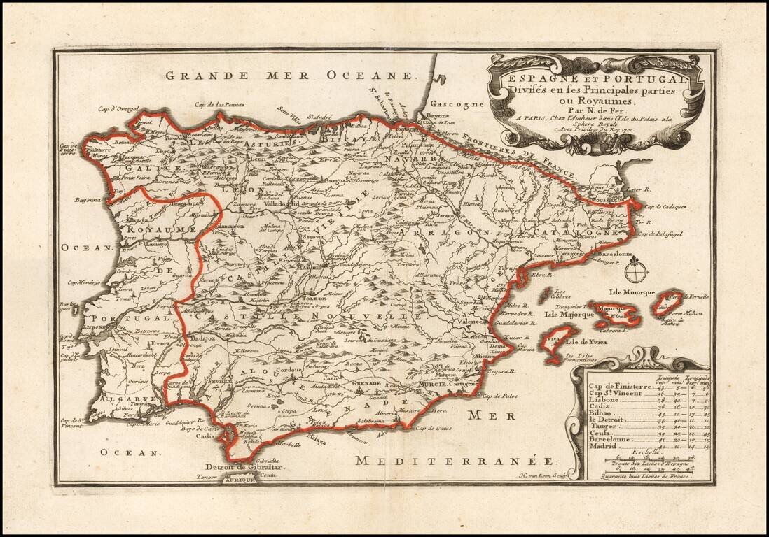 Espagne Et Portugal Divises en ses Principales parties ou Royaumes . . . 1701