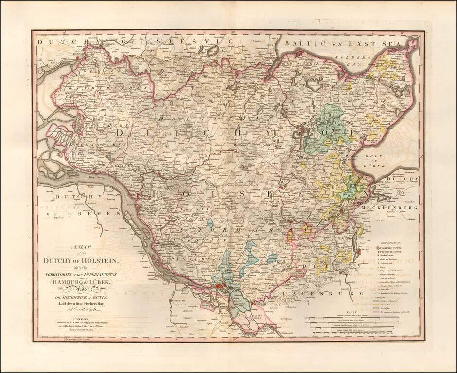 A Map of The Dutchy of Holstein with the Territories of the Imperial Towns Hamburg & Lubek, Also The Bishoprick of Eutin, Laid down from Fischer's Map and Corrected by B___ . . . 1804
