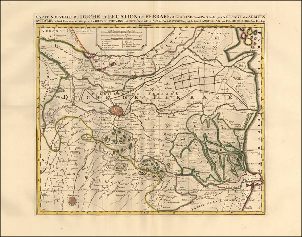 Carte nouvelle du Duche et Legation de Ferrare a l'eglise: levee pare ordre expres. A l'usage des Armees en Italie; ou font Exactement Marques les Grands Chemins, les Routes des Imperiaux &c. Par le Sr. Sanson Geograp du Roy.