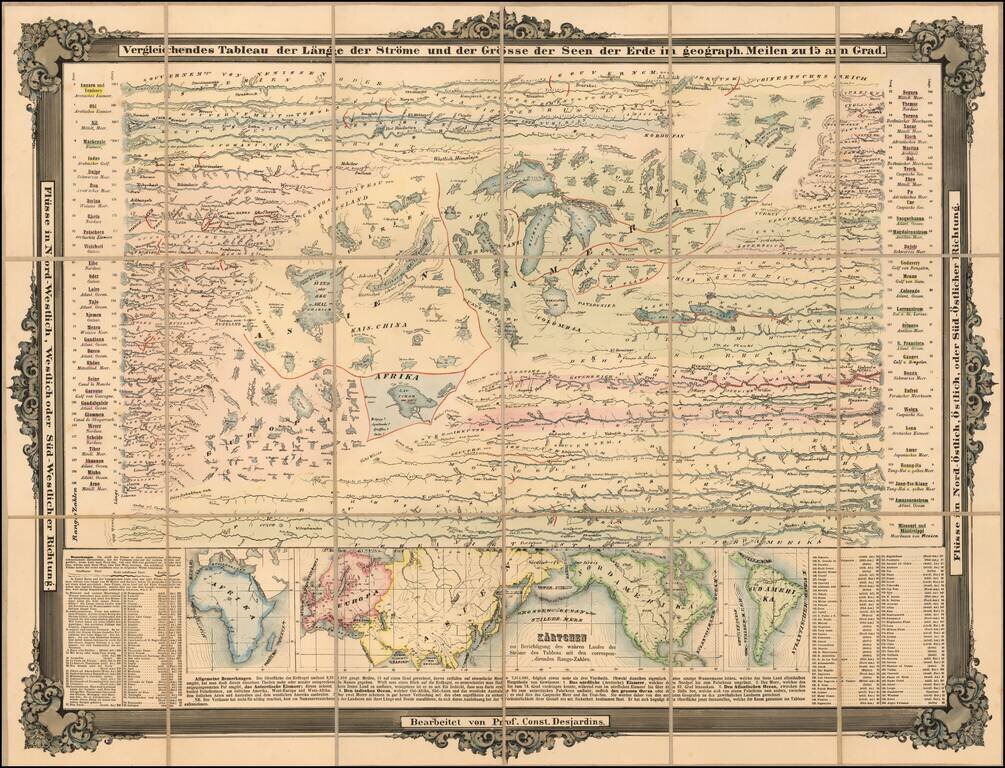 Vergleichendes Tableau der Lange der Strome und der Grosse der Seen der Erde in geograph.  Meilen zu 15 am Grad.