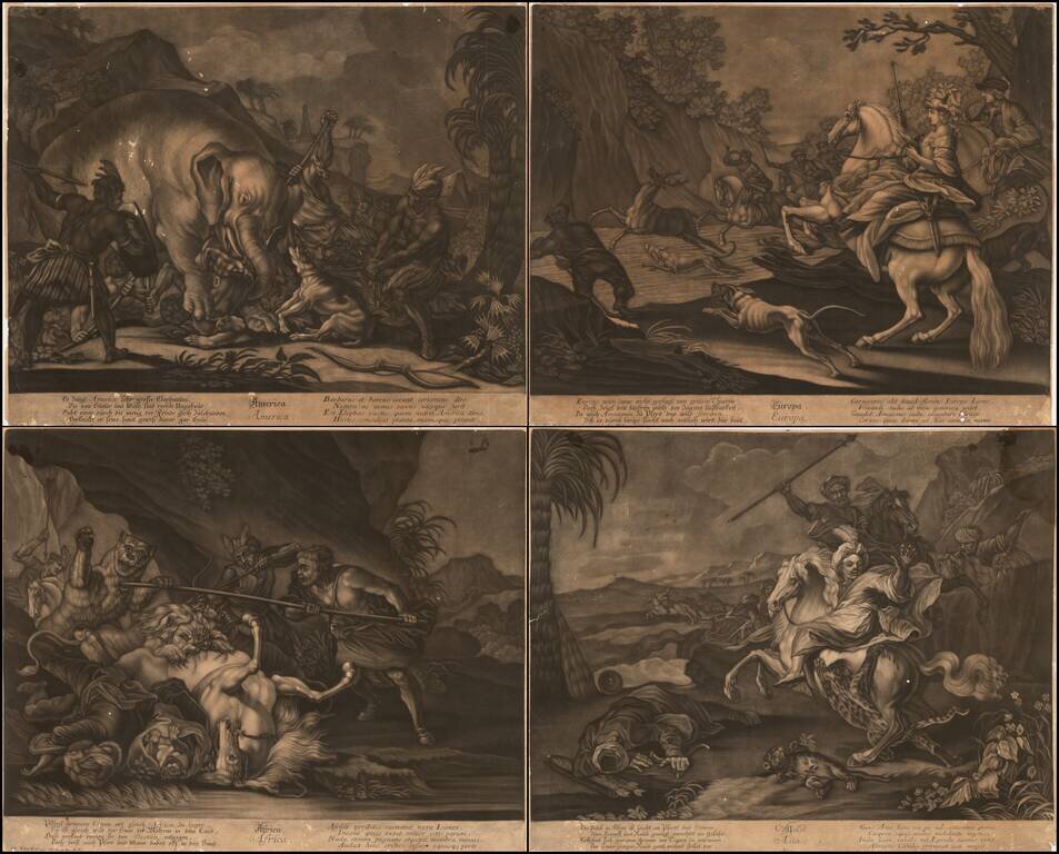 [Set of Four Allegorical Mezzotints of the Continents -- With a Mastodon!] America. Europa. Africa. Asia.