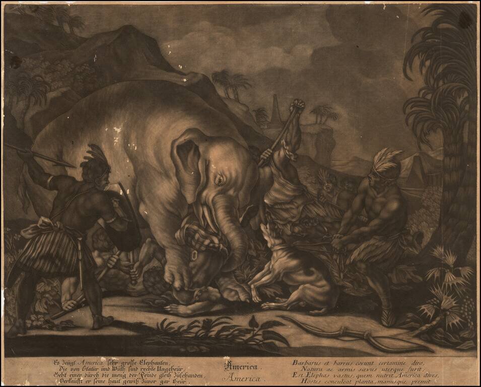 [Set of Four Allegorical Mezzotints of the Continents -- With a Mastodon!] America. Europa. Africa. Asia.