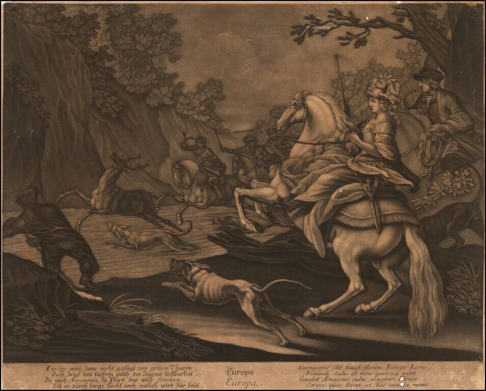 [Set of Four Allegorical Mezzotints of the Continents -- With a Mastodon!] America. Europa. Africa. Asia.