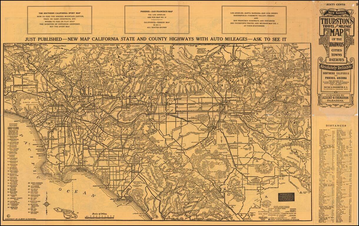 Thurston's Auto - Highway , Mountain and Desert Map Showing Towns, Railways, and Waterholes Between Grand Canyon, Williams, Prescott, Barstow, Riverside, San Bernardino, San Diego, Yuma and Phoenix . . .