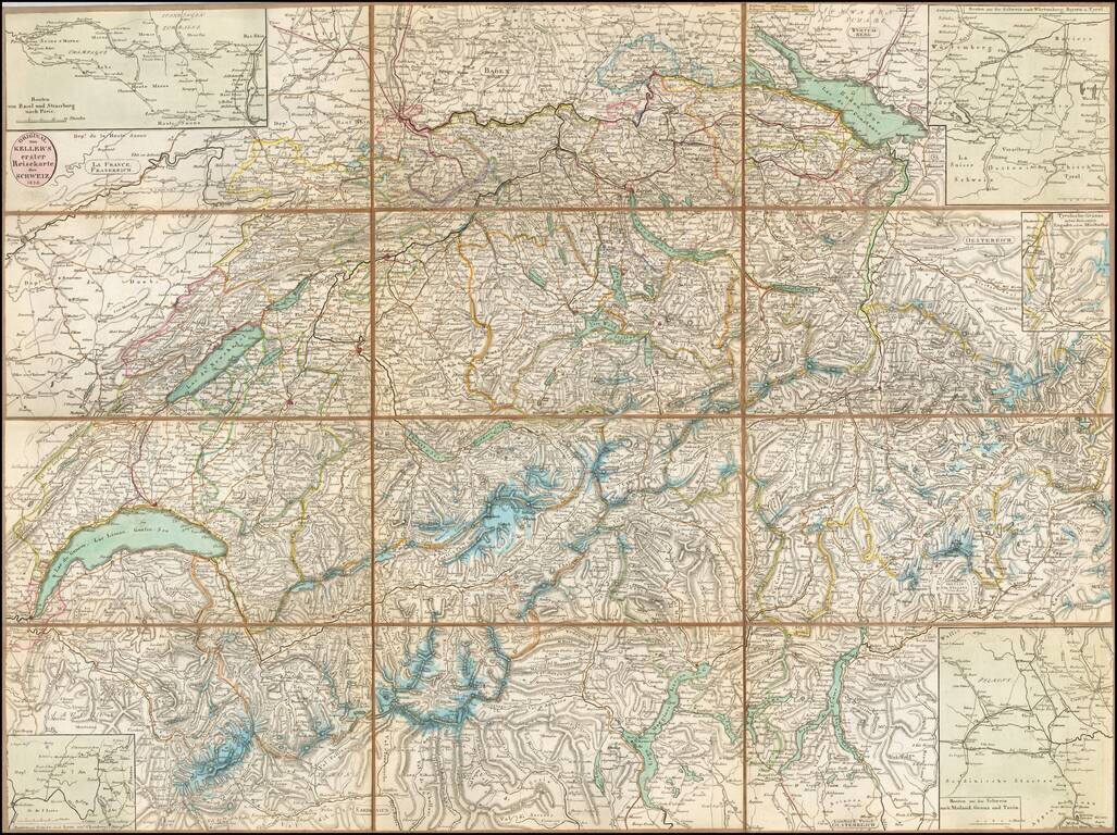 Original von Keller's erster Reisekarte der Schweiz 1856 (with 12 town and other maps)