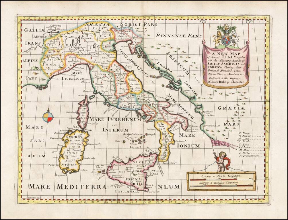 A New Map of Antient Italy, together with the Adjoying Islands of Sicily, Sardinia, and Corsica, Shewing their Present General Divisions. . .