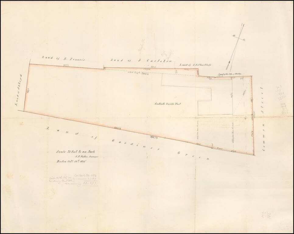 S. P. Fuller's Plan of Mansion House Estate, Octo. 19, 1825   (Mansion House Estate --Boston Manuscript Survey - Winthrop Square, etc. - Common Street)