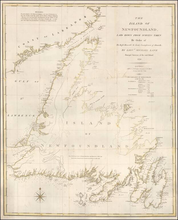 The Island of Newfoundland, Laid Down From Surveys Taken By Order of The Right Honorable Lands Commissioners of Admiralty, By  Lieut. Michael Lane Principal Surveyor of said Island.  1790.