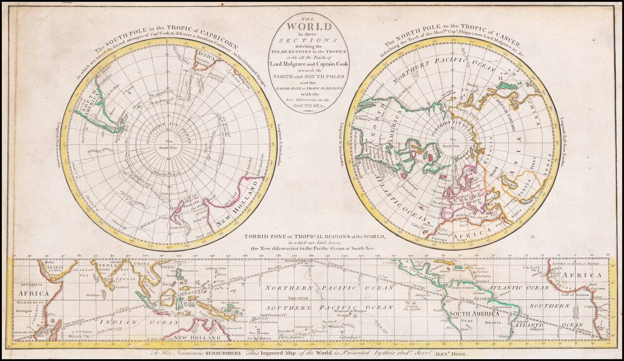 A Map of the World in Three Sections describing the Polar Regions to the Tropics with all the Tracks of Lord Mulgrave and Captain Cook towards the North and South Poles and the Torrid Zone or Tropical Regions with the New Discoveries in the South Sea.
