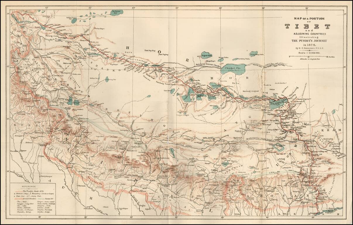 Map of a Portion of Tibet and Adjoining Countries Illustrating Countries The Pundit's Journey in 1847.  By E.G. Ravenstein.  F.R.G.S. (with accompanying text)