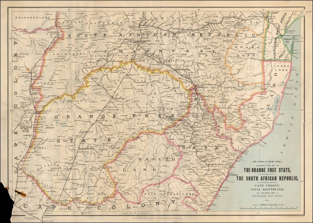 The Crisis in South Africa -- Stanford's New Map of The Orange Free State, The Southern Part of The South African Republic, The Northern Frontier of Cape Colony, Natal, Basutoland, and Delagoa Bay in Portuguese East Africa 1899