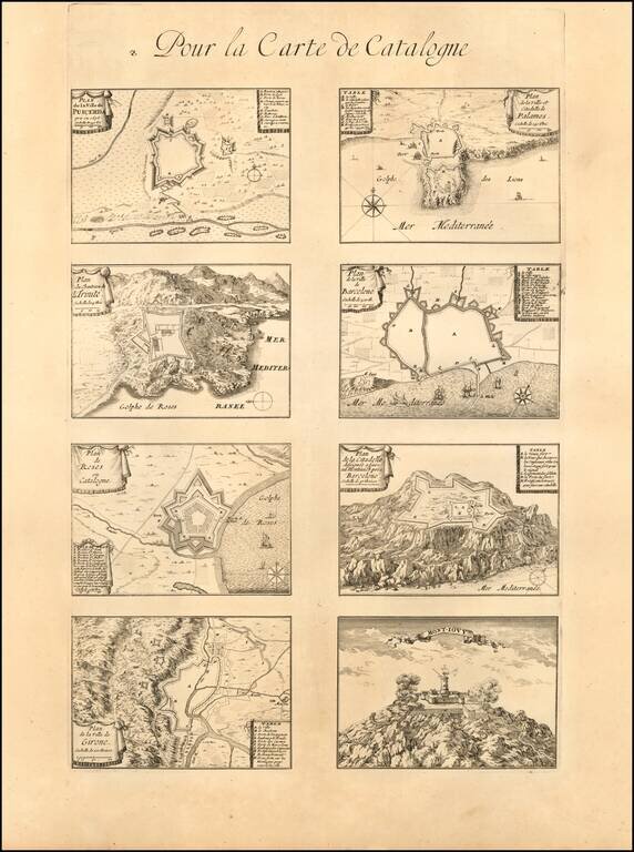 Principaute De Catalogne. Ou sont compris Les Comtes de Roussillon et de Cerdagne divises en leurs Vigueries  (Including 32 additional Catalan City Plans on 4 sheets)