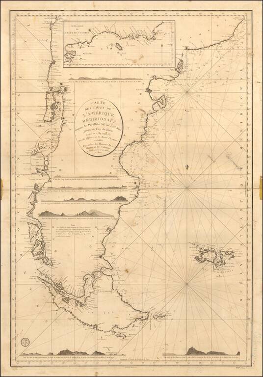 Carte Des Cotes de L'Amerique Meridionale depuis le Parallele 36° 30' late. Sud jusqu'au Cap de Horn Levée en 1789, 1790, &c. par des officiers de la Marine en 1800