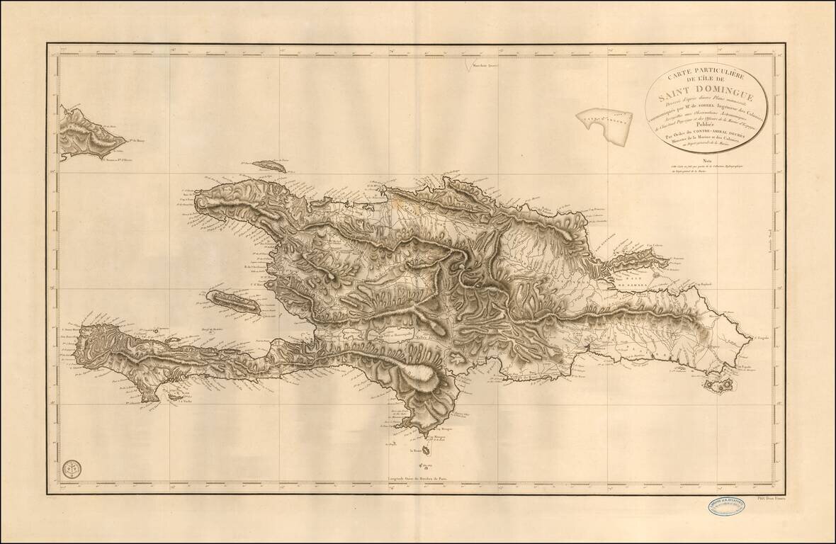 Carte Particuliere de L'Ile de Saint Domingue Dressees d'apres divers Plans manuscrits communiques par Mr. de Sorrel Ingenieur des Colonies;  Assujuttie aux Observations Astronomiques de Chastenet Puysegur et des Officiers de la Marine d'Espagne . . .