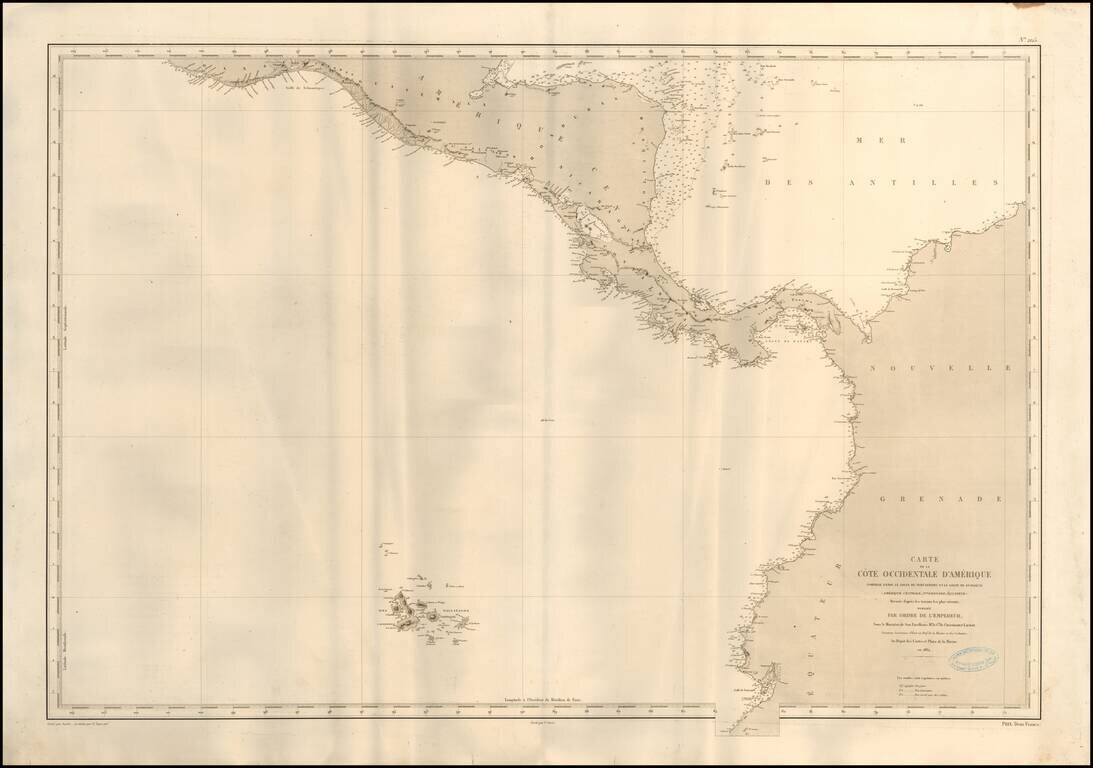[Galapagos]  Carte de la Cote Occidentale D'Amerique Comprise Entre Le Golfe de Tehuantepec et le Golfe de Guayaquil (Amerique Centrale, Nlle Grenade, Equateru) . . . .1864