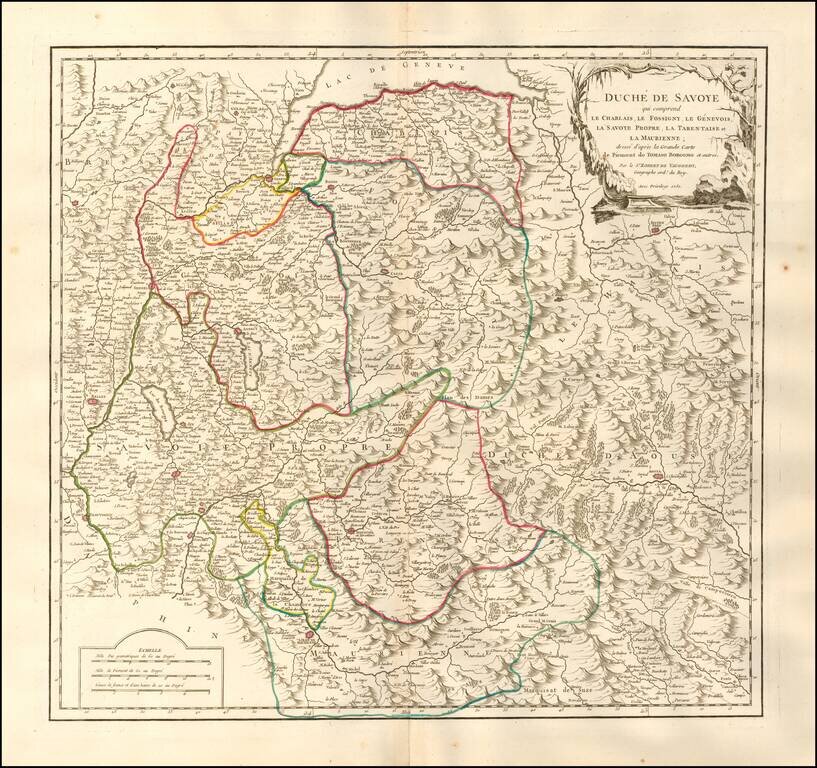Duché de Savoye, qui comprend le Chablais, le Fossigny, le Génevois, la Savoye propre, la Tarentaise et la Maurienne; dressé d'après la grande carte de Piémont de Tomaso Borgomo et autres. . . . 1751